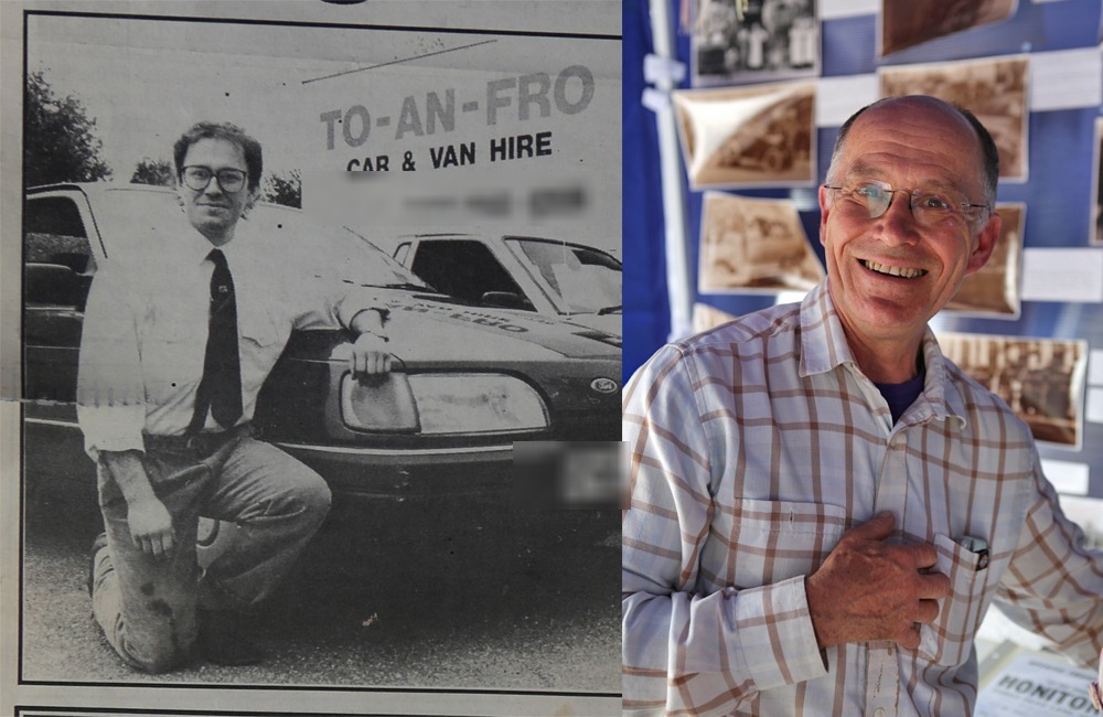Left, a 1990 newspaper photograph of Richard Harris with a hire car launching To-An-Fro; right, Richard Harris smiling in June 2019